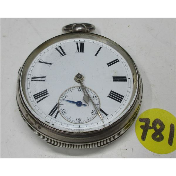 VINTAGE SWISS KEY WIND POCKET WATCH, SILVER CASE, NO KEY, RUNS, 51.5MM