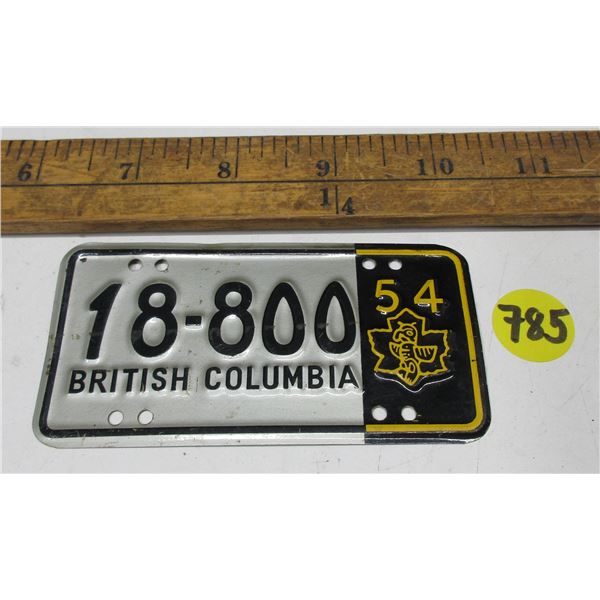VINTAGE 1954 BC MOTORCYCLE LICENCE PLATE