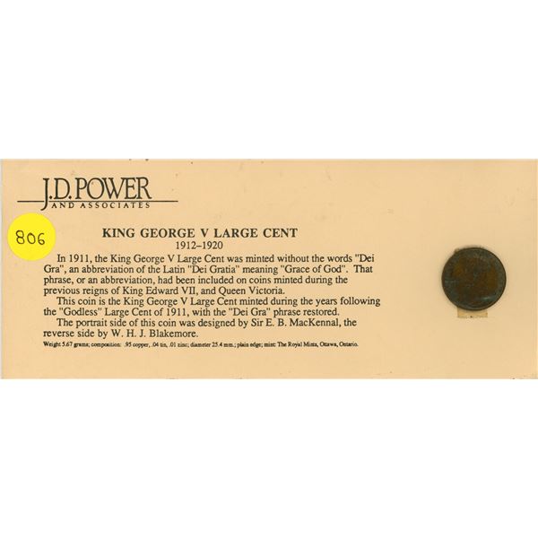 Canadian King George V Large Cent 1912 – 1920. VF.