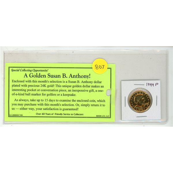 Golden Susan B. Anthony U.S. 1999P Dollar. Plated in 24-karat Gold. Unc.