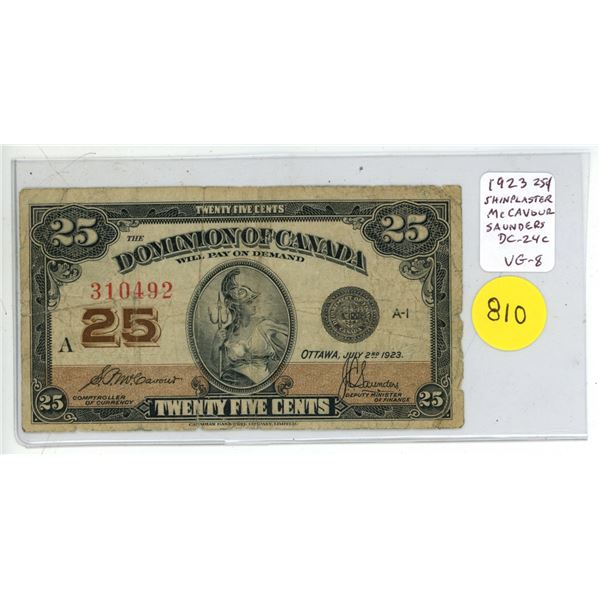 1923 Canadian 25 Cents Shinplaster. McCavour-Saunders signatures. DC-24c. VG-8.