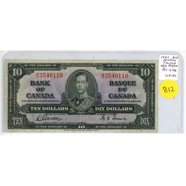 1937 $10. Gordon-Towers signatures. M/D Prefix. BC-24b. VF-20.