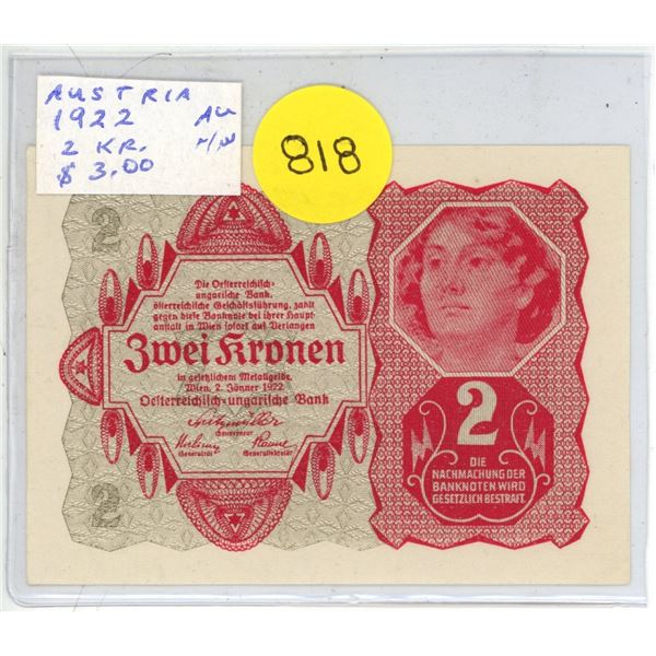 Austria. 1922 2 Kronen. Uncirculated.