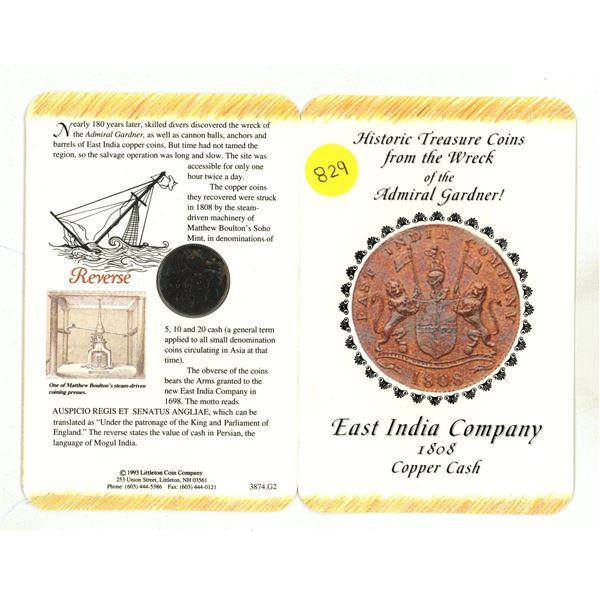 1808 Copper Cash coin issued by the East India Company. A Treasure coin from the Wreck of the Admira