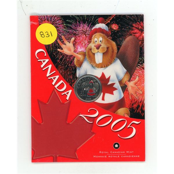 2005 Colourized 25 Cents. Beaver with wearing Red Canadian Flag on its shirt. Housed in its original