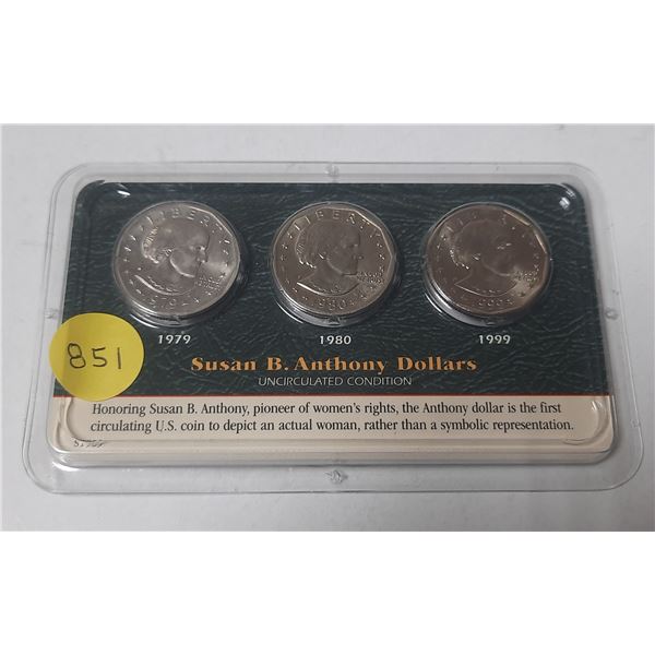Set of 3 U.S. Susan B. Anthony Dollars including 1979S, 1980 D & 1999D.