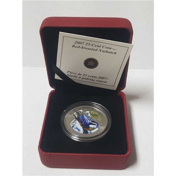 2007 Coloured Red-Breasted Nuthatch 25 Cents. Popular and Scarce coin. Housed in its original RCM ca