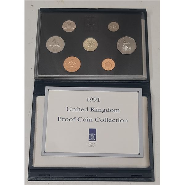 1991 British Proof Set. 7-coin set plus a special Royal Mint medal. Housed in its original RM case. 