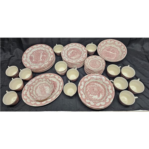 English Ironstone (England) Dishware Set, Red.  Featuring Prominent Locations.