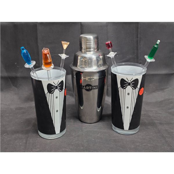 Martini Set Items.  Inc. 2 Tuxedo Glasses, 5 Plastic Stir Sticks, and Martini Shaker.