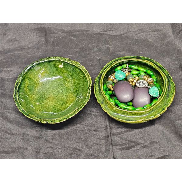 Green Jewelry Box w/ Assorted Items.  Inc. Clip-on Black Stone Earrings, Heart Earrings, Long Green 