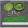 Image 3 : Green Jewelry Box w/ Assorted Items.  Inc. Clip-on Black Stone Earrings, Heart Earrings, Long Green 