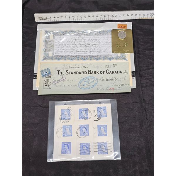 5 Cent Canada Stamps + 1923 5 Cent Coin + 1927 Standard Bank of Canada Cheque
