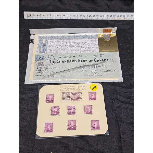 3 Cent Canada Stamps + 1928 5 Cent Coin + 1928 Cheque