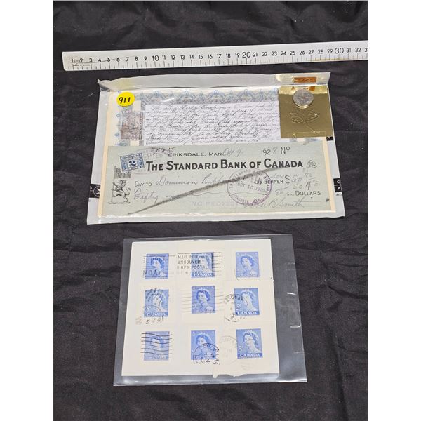 5 Cent Canada Stamps + 1927 5 Cent Coin + 1928 Cheque