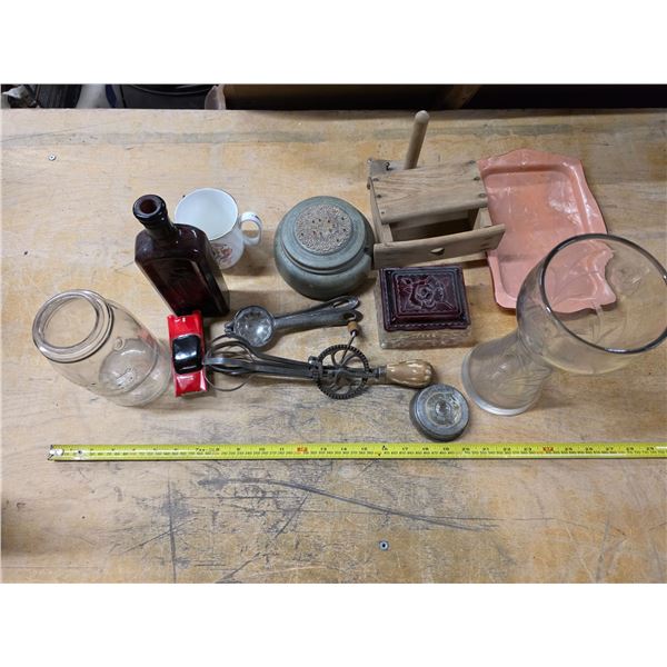 Antique egg beater and misc items