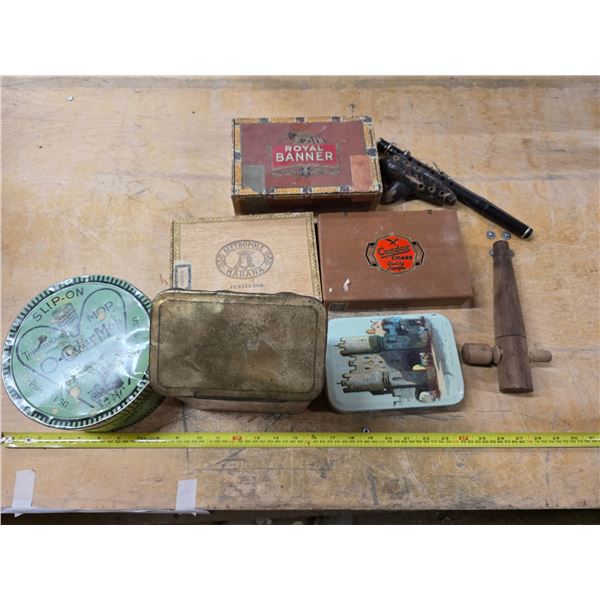 Tins, cigar boxes and misc items