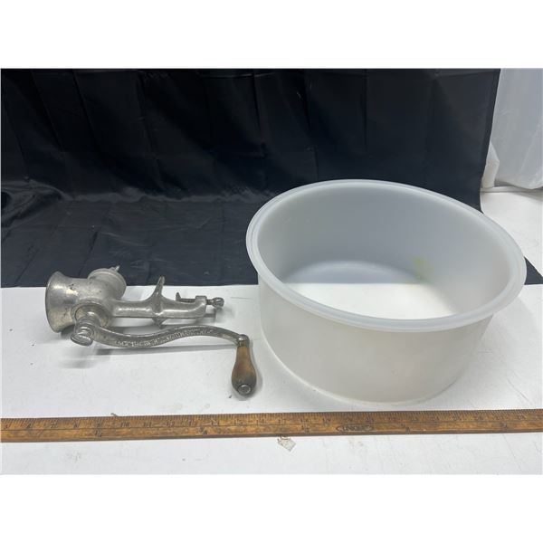 Miscellaneous Items (Tupperware Cake Tote, Vintage Hand-crank Manual Meat Grinder)