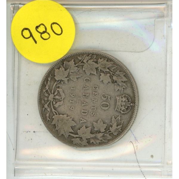 1919 Canada Silver 50 Cents Coin.