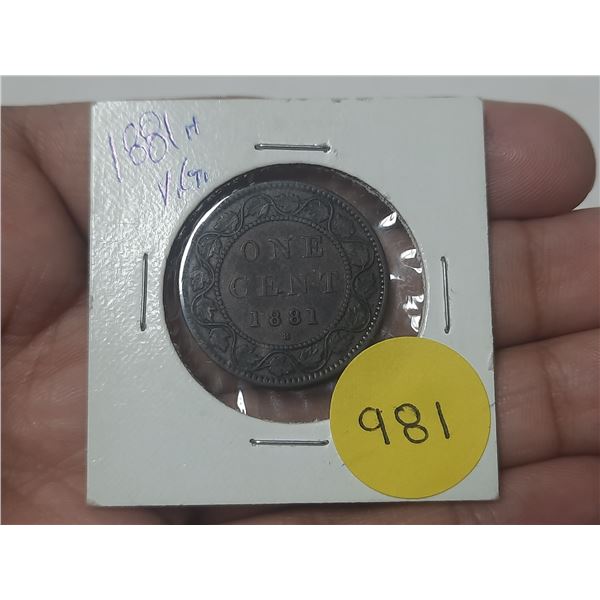 1881 H Canada Large One Cent Coin.