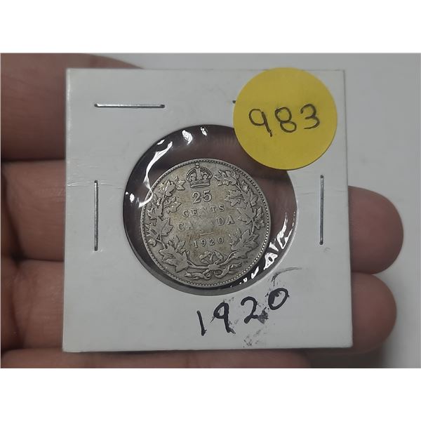 1920 Canada Silver 25 Cents.