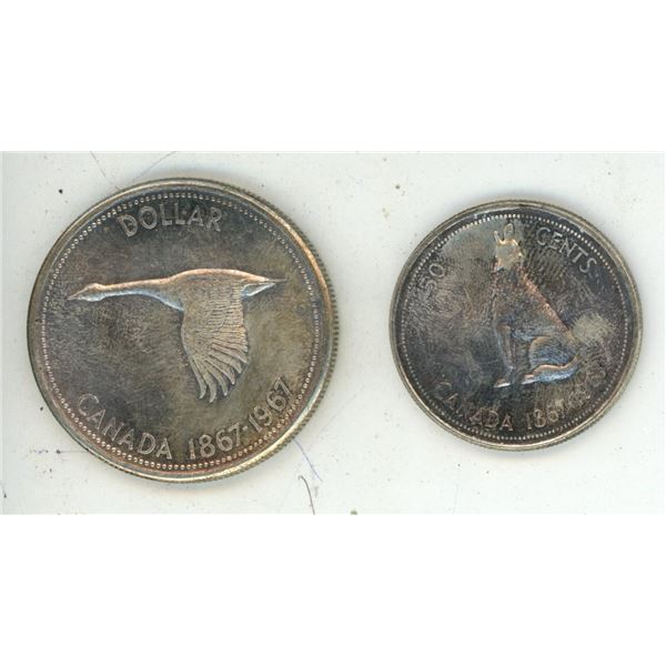 1967 Canada Silver 50 Cents and One Dollar.