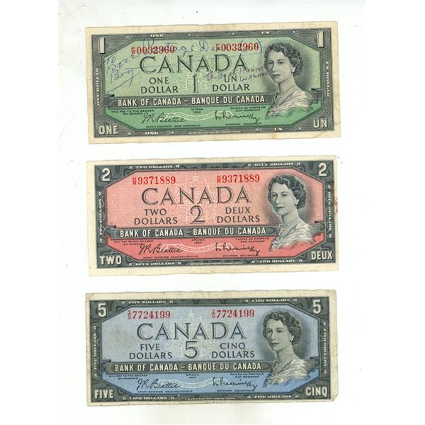 1954 Canada One, Two, and Five Dollar.