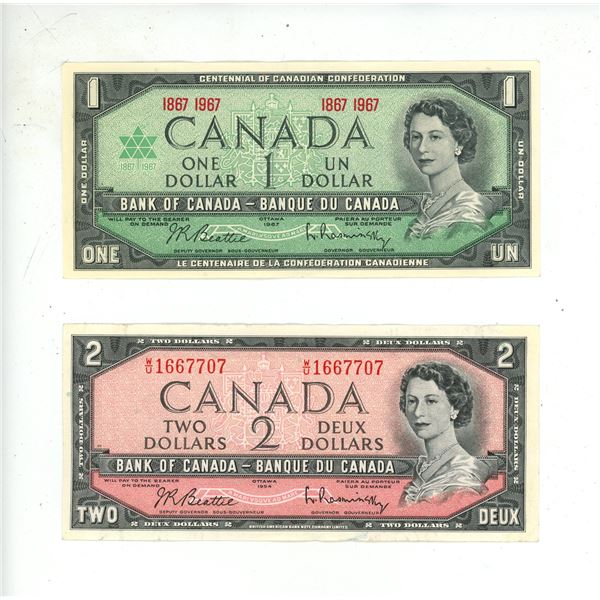 1967 Canada One Dollar and 1954 Canada Two Dollar.
