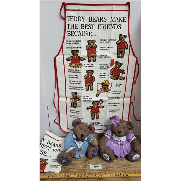 (2) Ceramic Bears and (2) Bear Aprons