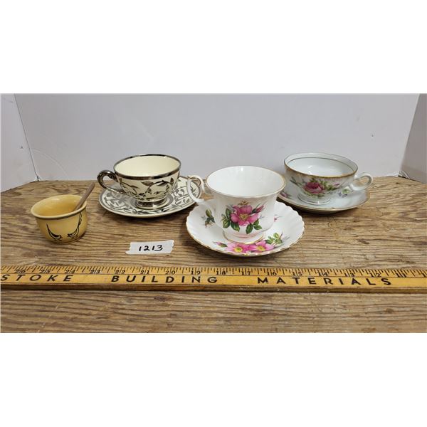 Lot of Misc Teacups & Saucers w/ Mini Sugar Bowl & Spoon