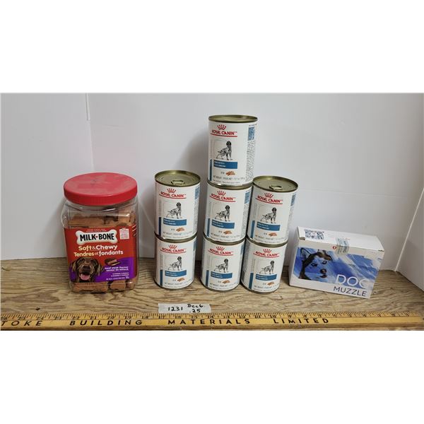 Lot of Dog Treats, Royal Chain Dog Food, and dog Muzzle