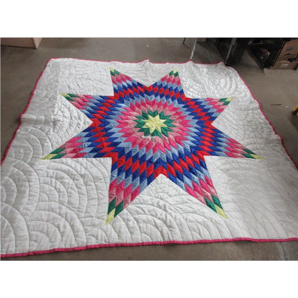 Star Quilt, Hands Stitched 1980's (8' x 7 1/2') satin top, (excellent condition, small spots undersi
