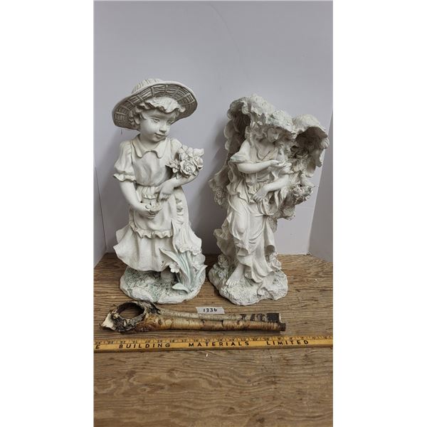 Garden Decor, Girl with Flowers, angel w/ Birds and Birch Bark Piece