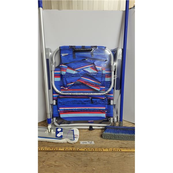 Lawn Chair, Sealed New, Push Broom, And Floor Duster