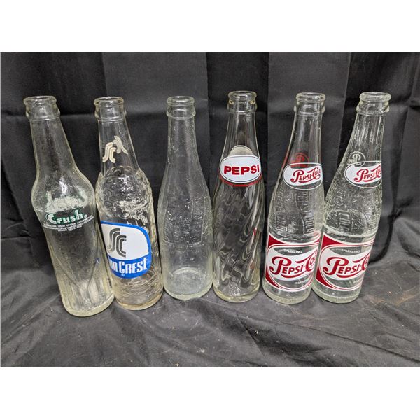 (6) Vintage Pop Bottles (Orange Crush, Pepsi, Crest, and etc.)