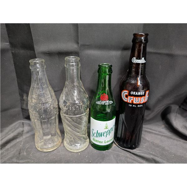 (4) Vintage Pop Bottles (Orange Crush, Schweppes, Wishing Well)