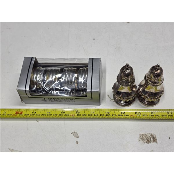 Silver plated lead salt and pepper shakers and silver plated napkin holders