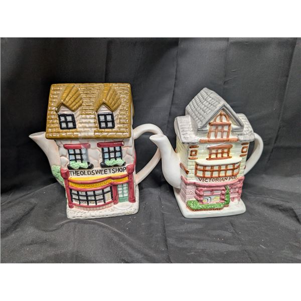 Tea Town Teapots "Victorian Pub" and "The Old Sweet Shop"