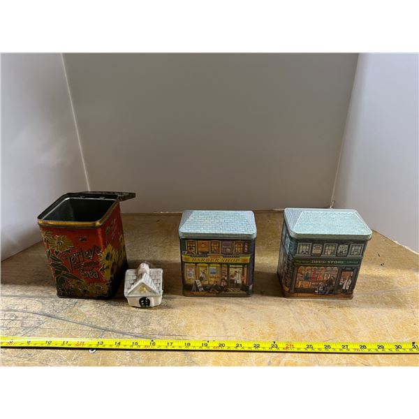 Tea Town Tins - "Drug Store", "Barber Shop" + Vintage "Tetly" Tin and Spice Shaker