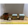 Image 1 : Tea Town Tins - "Drug Store", "Barber Shop" + Vintage "Tetly" Tin and Spice Shaker