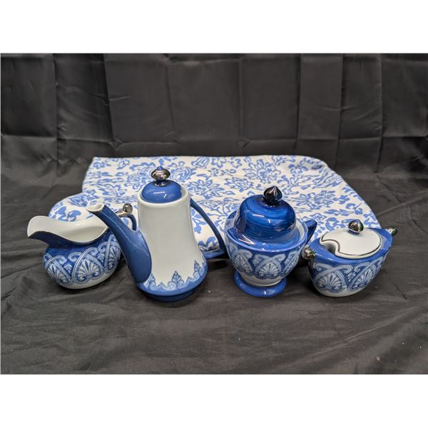 Blue and White Tea Set - 4 pieces plus Round Table Cloth