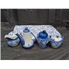 Image 1 : Blue and White Tea Set - 4 pieces plus Round Table Cloth