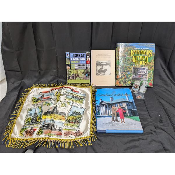 11 Canadian Themed Items - books, salt and pepper, 4 pins + wall hanging