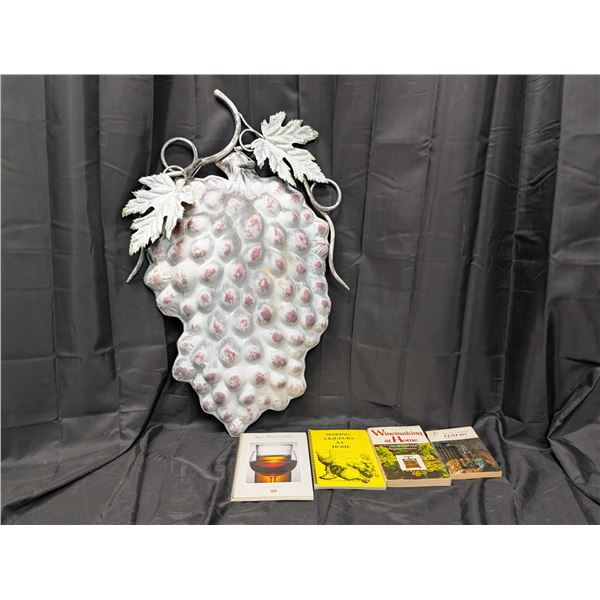 Wine Making Books - 4 + Large Grape Metal Wall Art - 32x20 inch