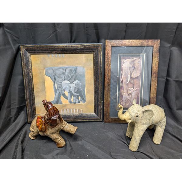 2 Elephant Art biggest 15x15inch and 2 Elephant Statues - 1 made of animal skin, 1 pottery