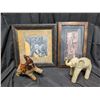 Image 1 : 2 Elephant Art biggest 15x15inch and 2 Elephant Statues - 1 made of animal skin, 1 pottery