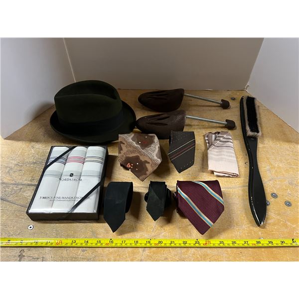 Mens Fedora, Ties, Hankies, Cloths Brush, Etc. 10 Items