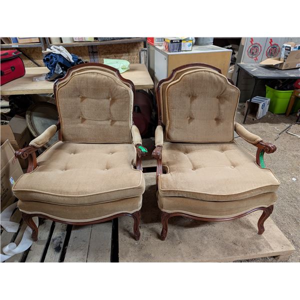 2 Vintage Wood Chairs with Gold Fabric