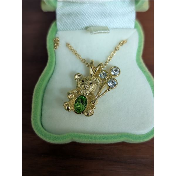 Bear Designed Necklace Pendant Holding Flowers (August Peridot) Housed in Bear Shape Case