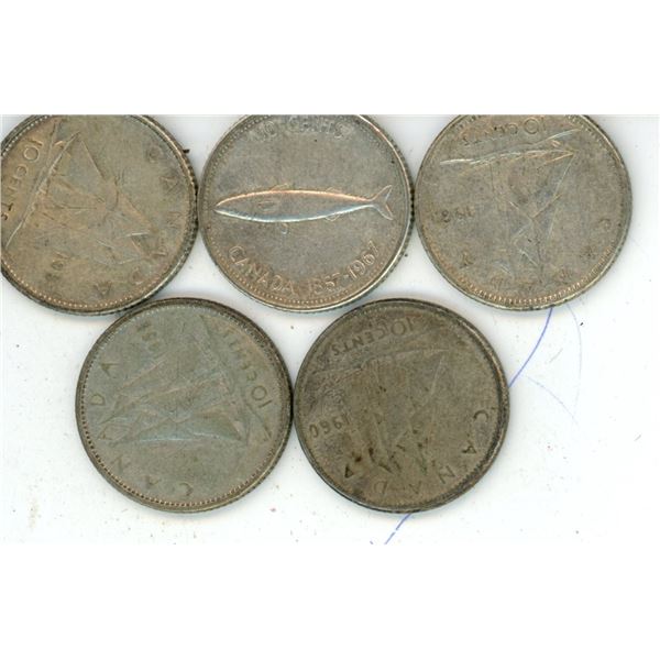 (5) Vintage Canadian 10 Cent Coins 80% Silver Composition (1958-1967)